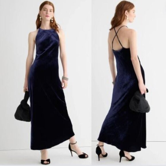J. Crew | NWT Navy Blue Silk Velvet Lush Halter Slip Evening Dress -Size 6 - Picture 1 of 13